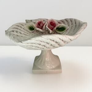 Vintage Capodimonte Rope Basket Weave Candy Dish Pink Roses Ceramic Rare 7”